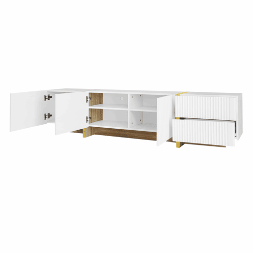 Móvel de TV 190 cm - 3 portas, 2 gavetas - Branco com dourado e madeira Móvel de TV 190 cm - 3 portas, 2 gavetas - Branco com dourado e madeira