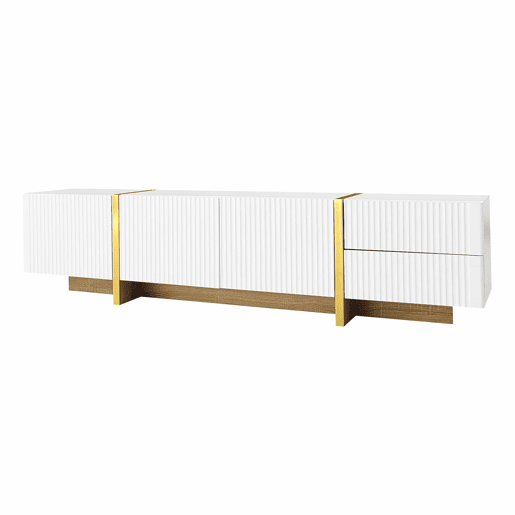 Móvel de TV 190 cm - 3 portas, 2 gavetas - Branco com dourado e madeira Móvel de TV 190 cm - 3 portas, 2 gavetas - Branco com dourado e madeira