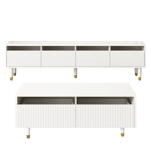Conjunto de móveis LED - Estante de TV com 4 portas e mesa de centro com 2 gavetas - Branco com design dourado