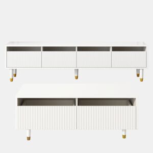 Conjunto de móveis LED - Estante de TV com 4 portas e mesa de centro com 2 gavetas - Branco com design dourado