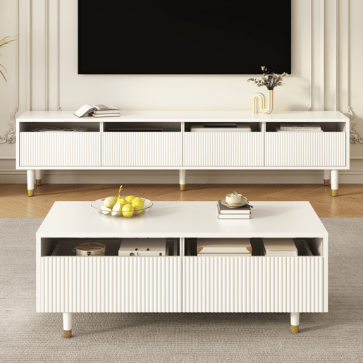 Conjunto de móveis LED - Estante de TV com 4 portas e mesa de centro com 2 gavetas - Branco com design dourado