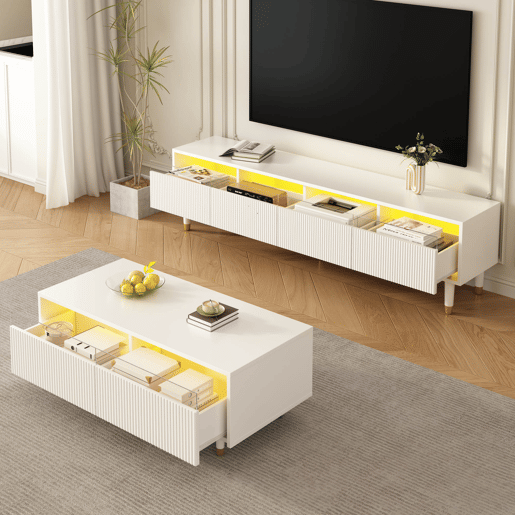 Conjunto de móveis LED - Estante de TV com 4 portas e mesa de centro com 2 gavetas - Branco com design dourado