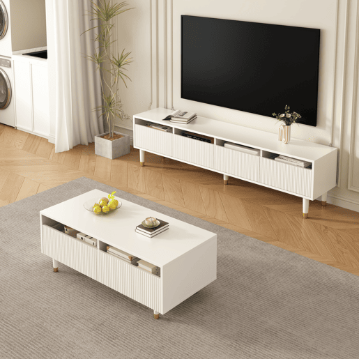 Conjunto de móveis LED - Estante de TV com 4 portas e mesa de centro com 2 gavetas - Branco com design dourado
