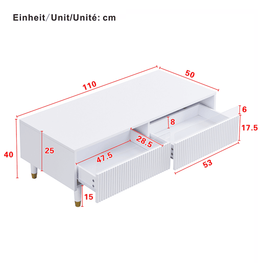 Conjunto de móveis LED - Estante de TV com 4 portas e mesa de centro com 2 gavetas - Branco com design dourado