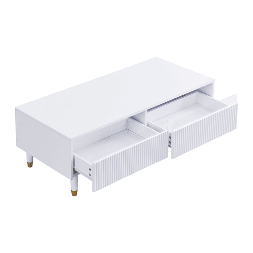 Conjunto de móveis LED - Estante de TV com 4 portas e mesa de centro com 2 gavetas - Branco com design dourado