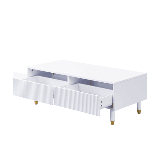 Conjunto de móveis LED - Estante de TV com 4 portas e mesa de centro com 2 gavetas - Branco com design dourado
