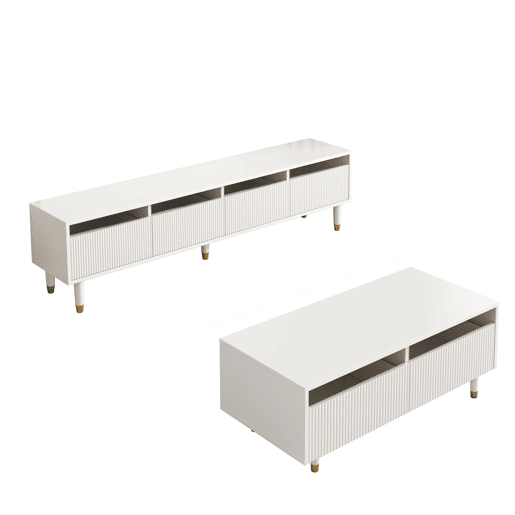 Conjunto de móveis LED - Estante de TV com 4 portas e mesa de centro com 2 gavetas - Branco com design dourado