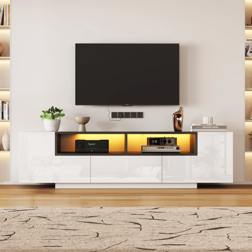 Móvel de TV 180x40x48 cm - Lowboard com luz LED, formato em L, com gavetas - Branco e preto Móvel de TV 180x40x48 cm - Lowboard com luz LED, formato em L, com gavetas - Branco e preto