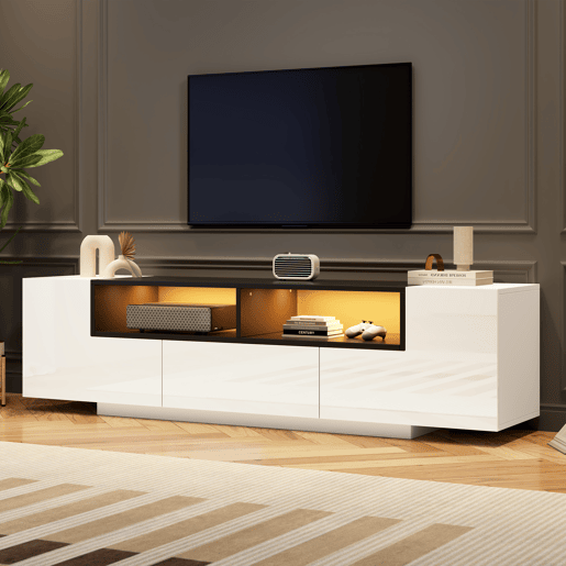 Móvel de TV 180x40x48 cm - Lowboard com luz LED, formato em L, com gavetas - Branco e preto Móvel de TV 180x40x48 cm - Lowboard com luz LED, formato em L, com gavetas - Branco e preto