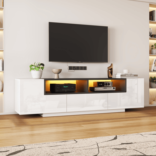 Móvel de TV 180x40x48 cm - Lowboard com luz LED, formato em L, com gavetas - Branco e preto Móvel de TV 180x40x48 cm - Lowboard com luz LED, formato em L, com gavetas - Branco e preto