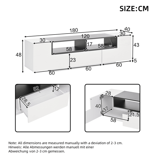 Móvel de TV 180x40x48 cm - Lowboard com luz LED, formato em L, com gavetas - Branco e preto Móvel de TV 180x40x48 cm - Lowboard com luz LED, formato em L, com gavetas - Branco e preto