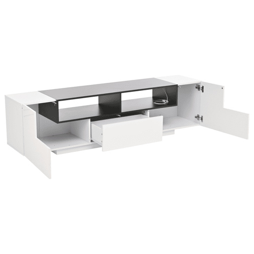 Móvel de TV 180x40x48 cm - Lowboard com luz LED, formato em L, com gavetas - Branco e preto Móvel de TV 180x40x48 cm - Lowboard com luz LED, formato em L, com gavetas - Branco e preto