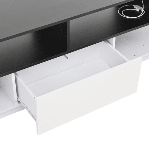 Móvel de TV 180x40x48 cm - Lowboard com luz LED, formato em L, com gavetas - Branco e preto Móvel de TV 180x40x48 cm - Lowboard com luz LED, formato em L, com gavetas - Branco e preto