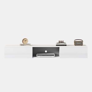 Móvel de TV 160x35x40,5 cm - Branco alto brilho, com LED, 2 gavetas, controlo por aplicação, design anti-capotamento - Branco