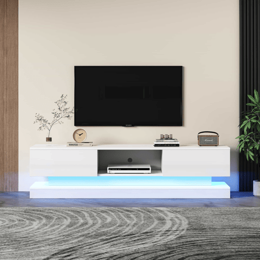 Móvel de TV 160x35x40,5 cm - Branco alto brilho, com LED, 2 gavetas, controlo por aplicação, design anti-capotamento - Branco Móvel de TV 160x35x40,5 cm - Branco alto brilho, com LED, 2 gavetas, controlo por aplicação, design anti-capotamento - Branco