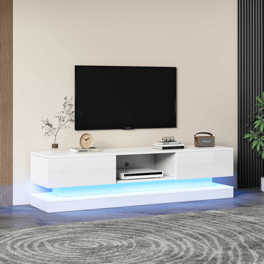 Móvel de TV 160x35x40,5 cm - Branco alto brilho, com LED, 2 gavetas, controlo por aplicação, design anti-capotamento - Branco Móvel de TV 160x35x40,5 cm - Branco alto brilho, com LED, 2 gavetas, controlo por aplicação, design anti-capotamento - Branco