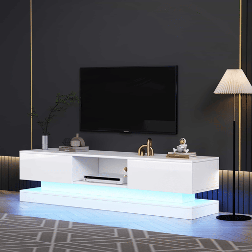 Móvel de TV 160x35x40,5 cm - Branco alto brilho, com LED, 2 gavetas, controlo por aplicação, design anti-capotamento - Branco Móvel de TV 160x35x40,5 cm - Branco alto brilho, com LED, 2 gavetas, controlo por aplicação, design anti-capotamento - Branco
