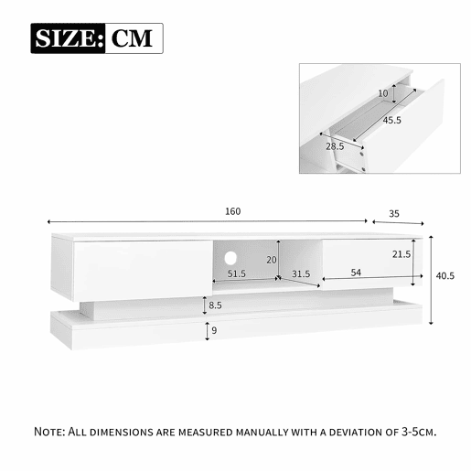 Móvel de TV 160x35x40,5 cm - Branco alto brilho, com LED, 2 gavetas, controlo por aplicação, design anti-capotamento - Branco Móvel de TV 160x35x40,5 cm - Branco alto brilho, com LED, 2 gavetas, controlo por aplicação, design anti-capotamento - Branco