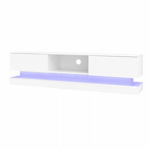 Móvel de TV 160x35x40,5 cm - Branco alto brilho, com LED, 2 gavetas, controlo por aplicação, design anti-capotamento - Branco Móvel de TV 160x35x40,5 cm - Branco alto brilho, com LED, 2 gavetas, controlo por aplicação, design anti-capotamento - Branco