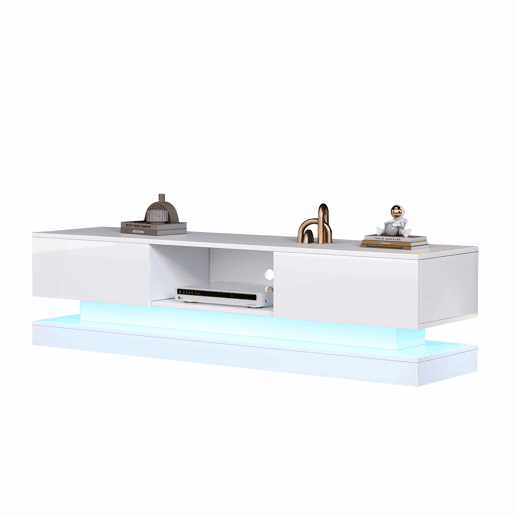 Móvel de TV 160x35x40,5 cm - Branco alto brilho, com LED, 2 gavetas, controlo por aplicação, design anti-capotamento - Branco Móvel de TV 160x35x40,5 cm - Branco alto brilho, com LED, 2 gavetas, controlo por aplicação, design anti-capotamento - Branco