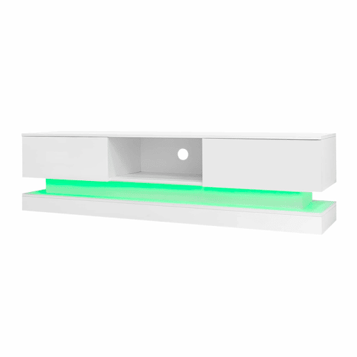 Móvel de TV 160x35x40,5 cm - Branco alto brilho, com LED, 2 gavetas, controlo por aplicação, design anti-capotamento - Branco Móvel de TV 160x35x40,5 cm - Branco alto brilho, com LED, 2 gavetas, controlo por aplicação, design anti-capotamento - Branco