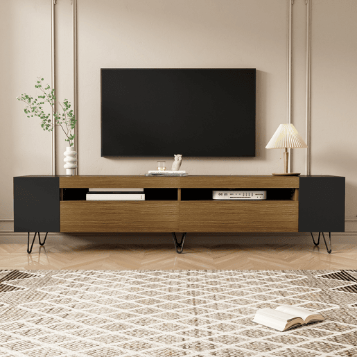 Móvel de TV moderno 180 cm - Design preto e madeira - Preto, Madeira Móvel de TV moderno 180 cm - Design preto e madeira - Preto, Madeira