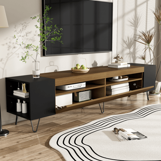 Móvel de TV moderno 180 cm - Design preto e madeira - Preto, Madeira Móvel de TV moderno 180 cm - Design preto e madeira - Preto, Madeira