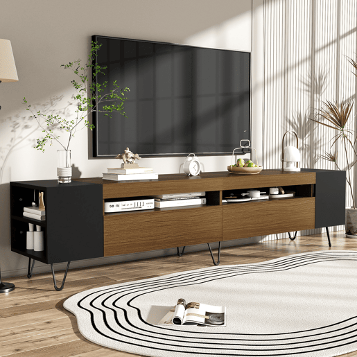 Móvel de TV moderno 180 cm - Design preto e madeira - Preto, Madeira Móvel de TV moderno 180 cm - Design preto e madeira - Preto, Madeira