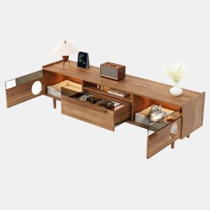 Móvel de TV 180x40x50 cm - LED, espaço para gatos, portas de vidro e gaveta - Nogueira