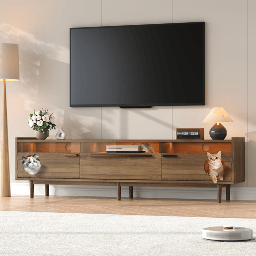 Móvel de TV 180x40x50 cm - LED, espaço para gatos, portas de vidro e gaveta - Nogueira Móvel de TV 180x40x50 cm - LED, espaço para gatos, portas de vidro e gaveta - Nogueira