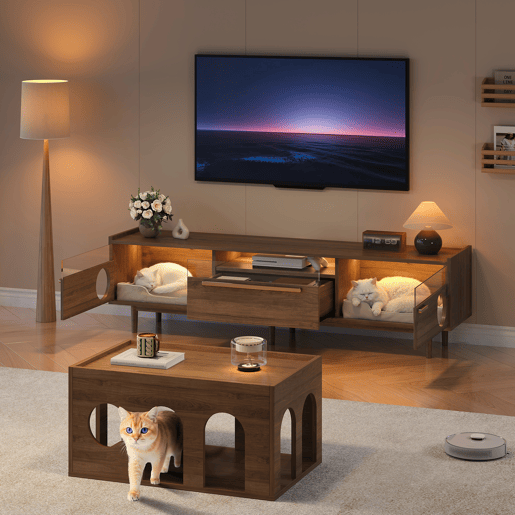 Móvel de TV 180x40x50 cm - LED, espaço para gatos, portas de vidro e gaveta - Nogueira Móvel de TV 180x40x50 cm - LED, espaço para gatos, portas de vidro e gaveta - Nogueira