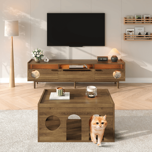Móvel de TV 180x40x50 cm - LED, espaço para gatos, portas de vidro e gaveta - Nogueira Móvel de TV 180x40x50 cm - LED, espaço para gatos, portas de vidro e gaveta - Nogueira