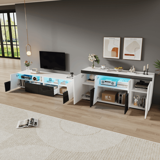Móvel de TV 180x38,5x45 cm - Lowboard com LED, alto brilho - Preto e Branco