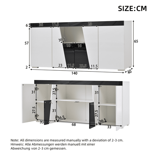 Móvel de TV 180x38,5x45 cm - Lowboard com LED, alto brilho - Preto e Branco