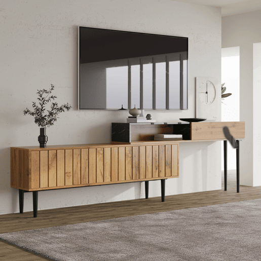 Móvel TV modular - 4 compartimentos - Preto e natural