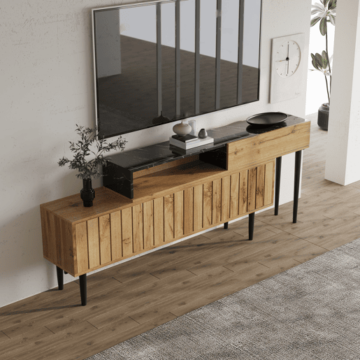 Móvel TV modular - 4 compartimentos - Preto e natural