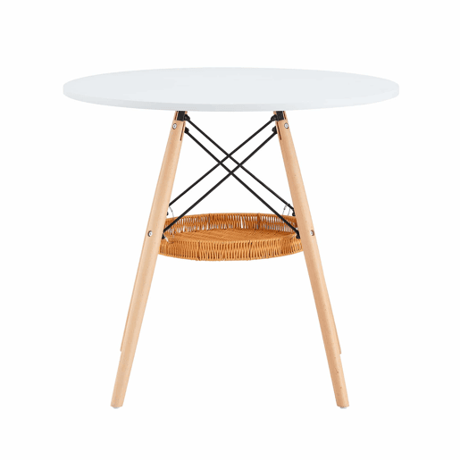 Mesa de jantar redonda Ø80 cm - tampo em MDF com pernas em madeira maciça e prateleira de arrumação em vime - branco e madeira Mesa de jantar redonda Ø80 cm - tampo em MDF com pernas em madeira maciça e prateleira de arrumação em vime - branco e madeira