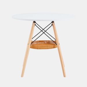 Mesa de jantar redonda Ø80 cm - tampo em MDF com pernas em madeira maciça e prateleira de arrumação em vime - branco e madeira