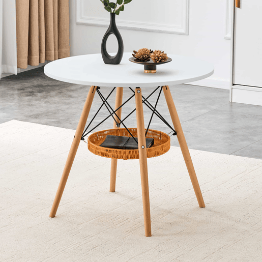 Mesa de jantar redonda Ø80 cm - tampo em MDF com pernas em madeira maciça e prateleira de arrumação em vime - branco e madeira Mesa de jantar redonda Ø80 cm - tampo em MDF com pernas em madeira maciça e prateleira de arrumação em vime - branco e madeira