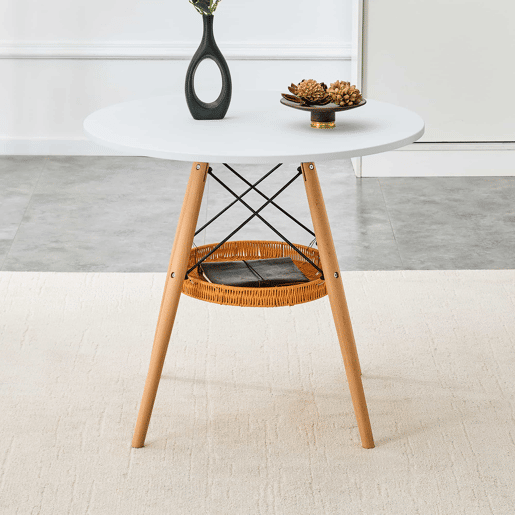 Mesa de jantar redonda Ø80 cm - tampo em MDF com pernas em madeira maciça e prateleira de arrumação em vime - branco e madeira Mesa de jantar redonda Ø80 cm - tampo em MDF com pernas em madeira maciça e prateleira de arrumação em vime - branco e madeira