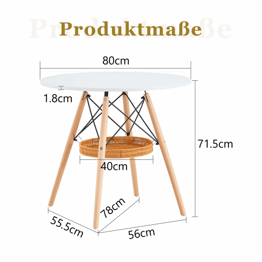 Mesa de jantar redonda Ø80 cm - tampo em MDF com pernas em madeira maciça e prateleira de arrumação em vime - branco e madeira Mesa de jantar redonda Ø80 cm - tampo em MDF com pernas em madeira maciça e prateleira de arrumação em vime - branco e madeira