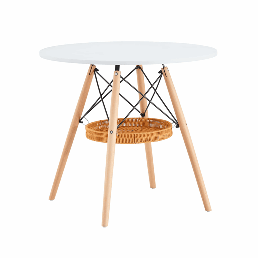 Mesa de jantar redonda Ø80 cm - tampo em MDF com pernas em madeira maciça e prateleira de arrumação em vime - branco e madeira Mesa de jantar redonda Ø80 cm - tampo em MDF com pernas em madeira maciça e prateleira de arrumação em vime - branco e madeira