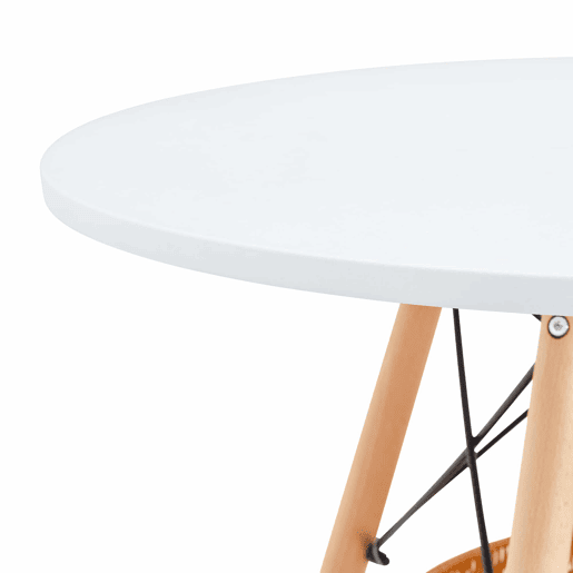 Mesa de jantar redonda Ø80 cm - tampo em MDF com pernas em madeira maciça e prateleira de arrumação em vime - branco e madeira Mesa de jantar redonda Ø80 cm - tampo em MDF com pernas em madeira maciça e prateleira de arrumação em vime - branco e madeira