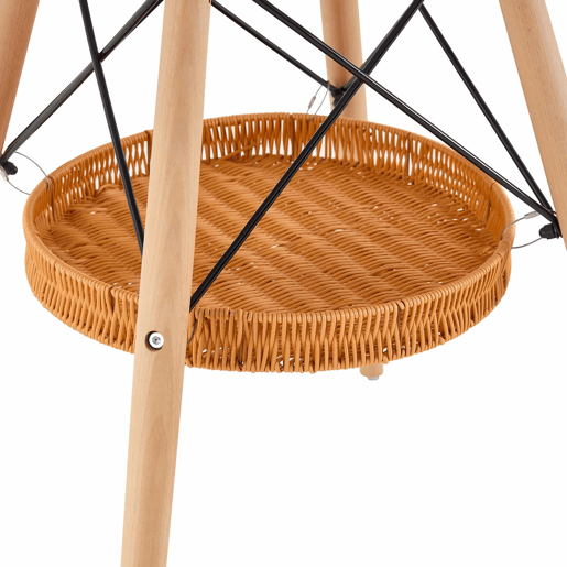 Mesa de jantar redonda Ø80 cm - tampo em MDF com pernas em madeira maciça e prateleira de arrumação em vime - branco e madeira Mesa de jantar redonda Ø80 cm - tampo em MDF com pernas em madeira maciça e prateleira de arrumação em vime - branco e madeira