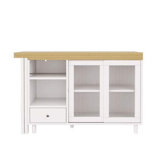 Mesa de jantar extensível e dobrável u2014 com amplo espaço de arrumação, painel de porta em vidro, giratória a 360° e design moderno u2014 Natural e Branco Mesa de jantar extensível e dobrável u2014 com amplo espaço de arrumação, painel de porta em vidro, giratória a 360° e design moderno u2014 Natural e Branco