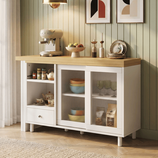Mesa de jantar extensível e dobrável u2014 com amplo espaço de arrumação, painel de porta em vidro, giratória a 360° e design moderno u2014 Natural e Branco Mesa de jantar extensível e dobrável u2014 com amplo espaço de arrumação, painel de porta em vidro, giratória a 360° e design moderno u2014 Natural e Branco