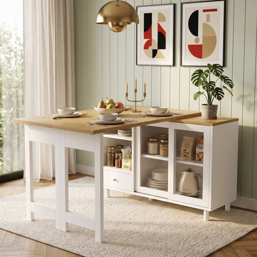 Mesa de jantar extensível e dobrável u2014 com amplo espaço de arrumação, painel de porta em vidro, giratória a 360° e design moderno u2014 Natural e Branco Mesa de jantar extensível e dobrável u2014 com amplo espaço de arrumação, painel de porta em vidro, giratória a 360° e design moderno u2014 Natural e Branco