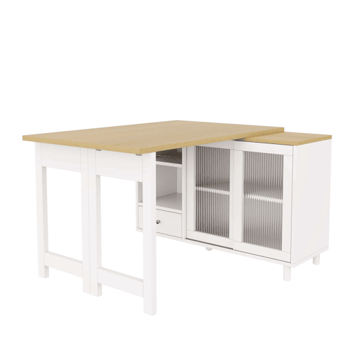 Mesa de jantar extensível e dobrável u2014 com amplo espaço de arrumação, painel de porta em vidro, giratória a 360° e design moderno u2014 Natural e Branco Mesa de jantar extensível e dobrável u2014 com amplo espaço de arrumação, painel de porta em vidro, giratória a 360° e design moderno u2014 Natural e Branco