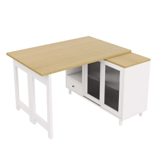 Mesa de jantar extensível e dobrável u2014 com amplo espaço de arrumação, painel de porta em vidro, giratória a 360° e design moderno u2014 Natural e Branco Mesa de jantar extensível e dobrável u2014 com amplo espaço de arrumação, painel de porta em vidro, giratória a 360° e design moderno u2014 Natural e Branco