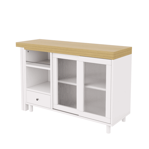 Mesa de jantar extensível e dobrável u2014 com amplo espaço de arrumação, painel de porta em vidro, giratória a 360° e design moderno u2014 Natural e Branco Mesa de jantar extensível e dobrável u2014 com amplo espaço de arrumação, painel de porta em vidro, giratória a 360° e design moderno u2014 Natural e Branco